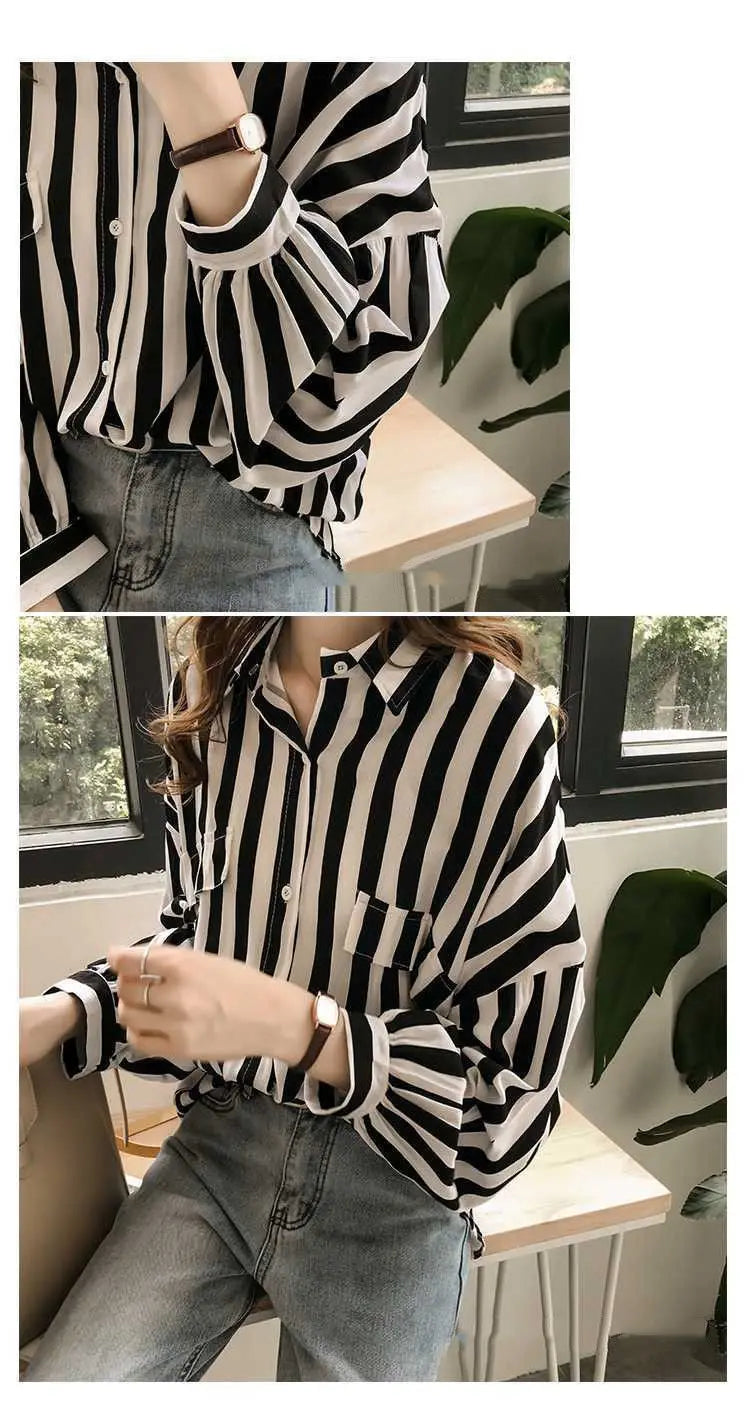 1pcs Woman Spring Autumn Stripe Shirts Lady Casual Long Sleeve Turn-down Collar Loose Shirt Female Chiffon Temperament Tops.