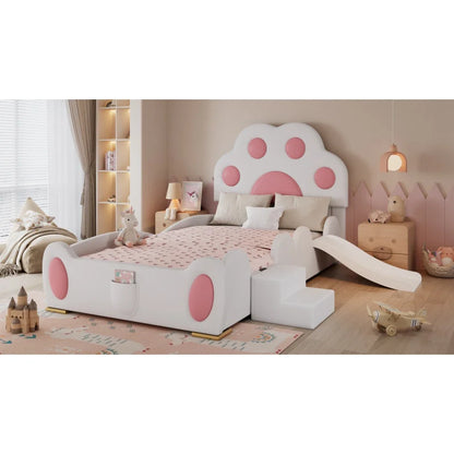 Cartoon süßes rosa Prinzessinnenbett, gepolstertes Bett, 90 x 200 cm, mit Kinderrutsche und zweistufiger Leiter, für Mädchenschlafzimmer