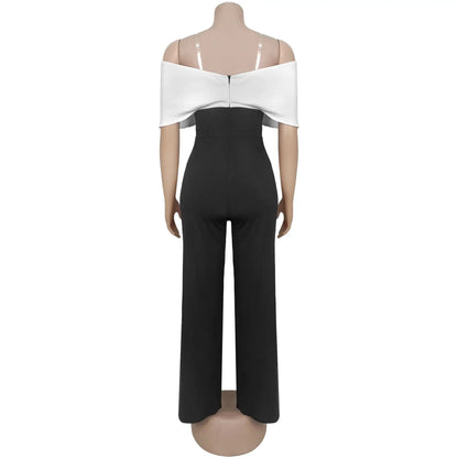 HBLL Women's Off The Shoulder Color-Block Back Zipper Wide Legs Jumpsuits One Piece Outfits Elegant Patchwork Rompers Clubwear.