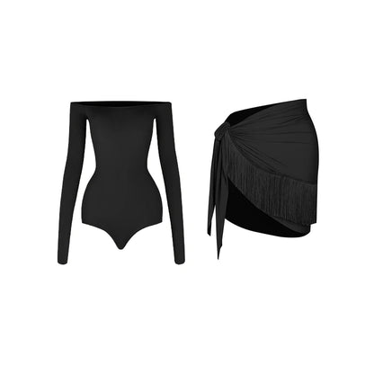 ZYM Off Shoulder Latin Dance Dress Women Long Sleeves Fringe Dress Adult Rumba Dance Practice Wear Performance Clothing DNV22221