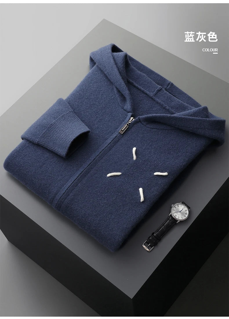 Men's 100% Cashmere Sweater Zipper Hooded Cardigan Warm Air Layer Thickened Jacket Jacquard Casual Knitted Wool Sweater.