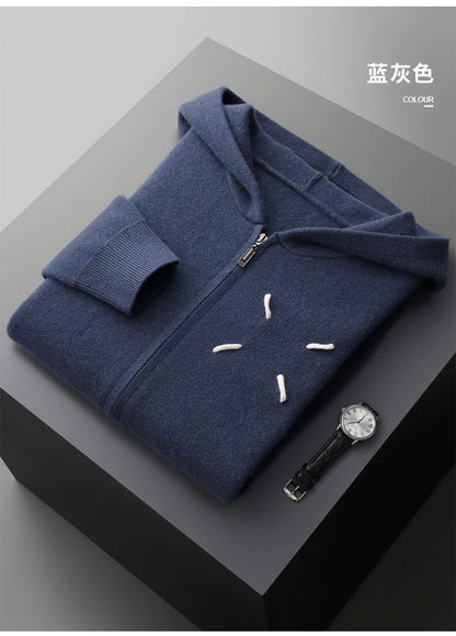 Men's 100% Cashmere Sweater Zipper Hooded Cardigan Warm Air Layer Thickened Jacket Jacquard Casual Knitted Wool Sweater.