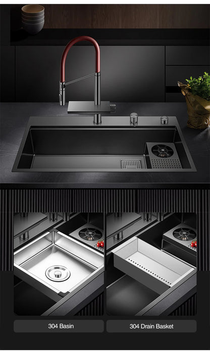ASRAS New Waterfall Faucet Kitchen Sinks Nanometer Large Size 4mm Panel Handmade Sinks Cup Rinser Kitchen Sinks