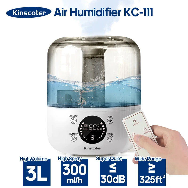 KINSCOTER 3L Air Humidifier Professional Large Capacity Home Humidifier Plant Mist Aroma Diffuser with Remote Control Timer.