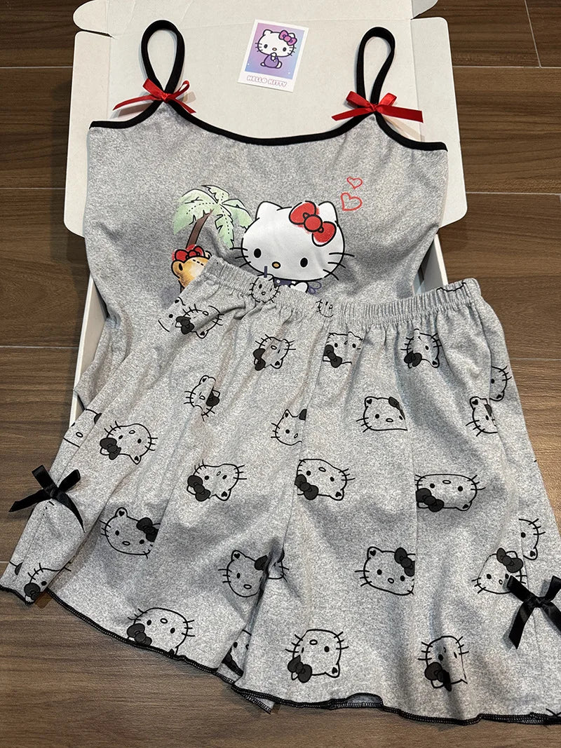 Hello Kitty Pyjama-Set für Damen, niedliche Nachtwäsche, Cartoon, ärmellos, Tank-Top, Shorts, Zuhause, Sommer, gemütliche Loungewear, Geschenk für Mädchen, Sanrio.
