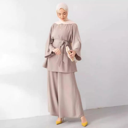 Eid Muslim Two Piece Set Islam Women Lace Up Shirt Wide Leg Pants Suits Ramadan Turkey Outfits Modest Morocco Abayas Ensembles.