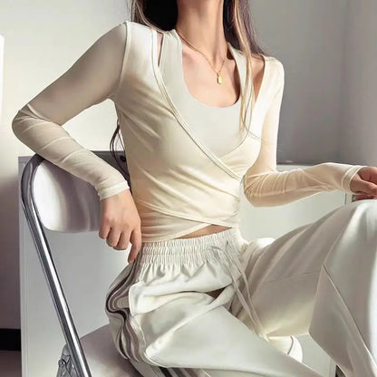 Sexy Mesh Slimming Yoga Suit for Women, Gathering Together, Sports Bra, Two Pieces, Quick Dry Training, Pilates Cover Up Blouse.