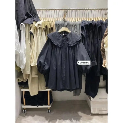 Shirts Women Spring New Plaid Peter Pan Collar Ruffles Loose All-match College Japanese Mujer Kawaii Swwet Tender Chemise Femme