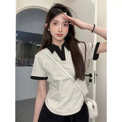 Summer Short Sleeve V-Neck Polo Shirt Women's Short Style Cotton Lycra Ribbed Top Bright Color Block 220g 40 Denier.