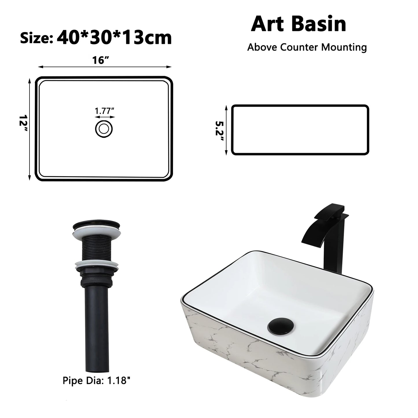 JIENI Keramik-Badezimmer-Waschbecken-Set, quadratisch, Porzellan, Arbeitsplatte, Waschbecken, Wasserhahn, Pop-Up-Abfluss, kombiniertes modernes Waschbecken-Set