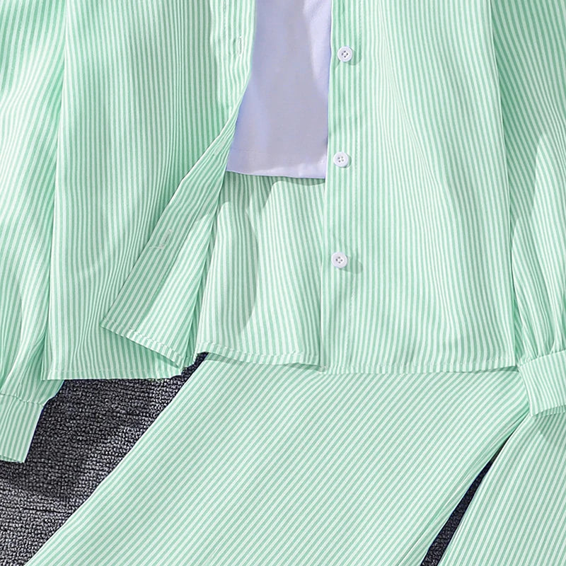 Spring Hot Sale Kids Outfit 4-12 Years Girls Striped Long Sleeve Chemise + Casual Loose Straight Leg Pants Shirt Suit 2Pcs Set