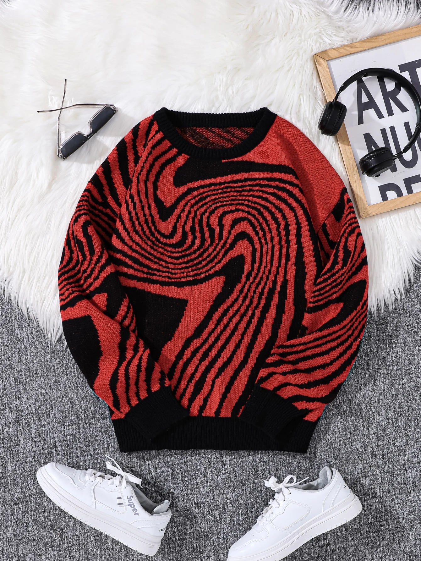 New Popular Street Ripped Abstract Starry Sky Pattern Pullover Ripped Sweater Casual Round Neck Knitted Men's Pullover.