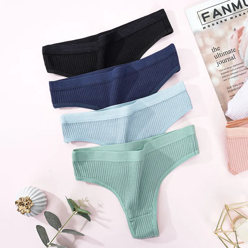 4Pcs Women's Panties Fashion Striped Thongs Soft Cotton Underwear Ladies Sexy Lingerie Sports Breathable G-Strings Cozy T-Back.