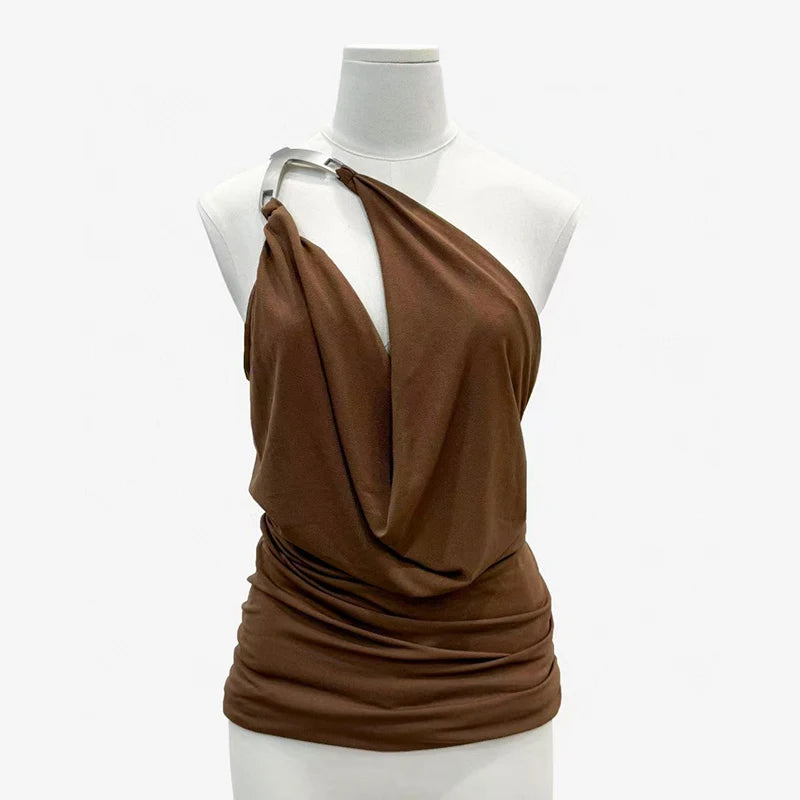 Women's One-Shoulder Metal Button Lace-Up Tank Top,Fashion Sexy Backless Ruched Top,High Quality Cotton Tops,Spring,New,2025.