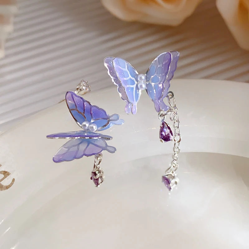 Pink Butterfly Earrings With Long Tassel Sparkly Zircon Crystal Imitation Pearl Beads Earrings Light Luxury Party Ear Jewelry.