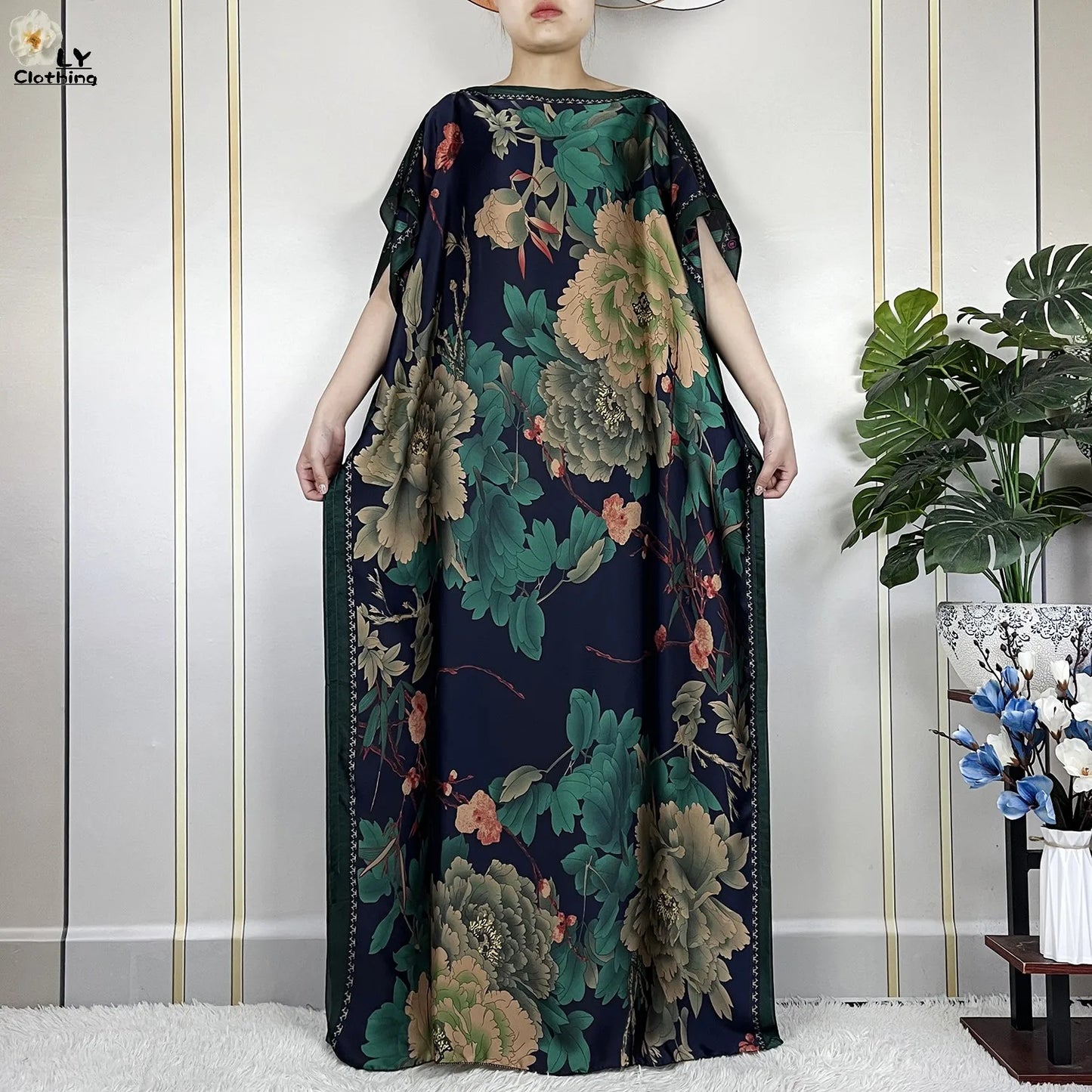 2024 New Dubai Summer Fashion For Women Printed Silk Soft Loose Femme Robe African Islam Maxi Woman Casual Dresses With Turban.