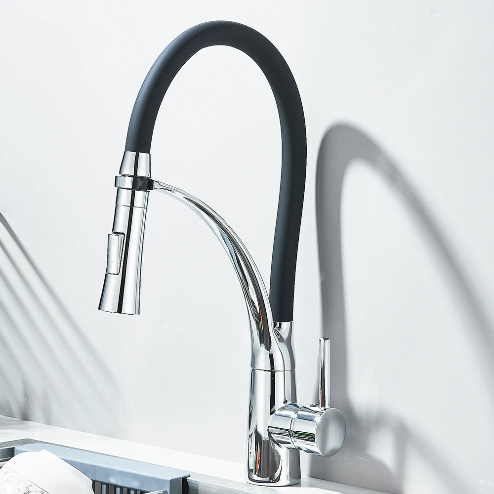 Black Rubber Kitchen Faucet Mixer Tap Rotation Pull Down Stream Sprayer Taps Hot Cold Water Tap One Handle Kitchen Tap
