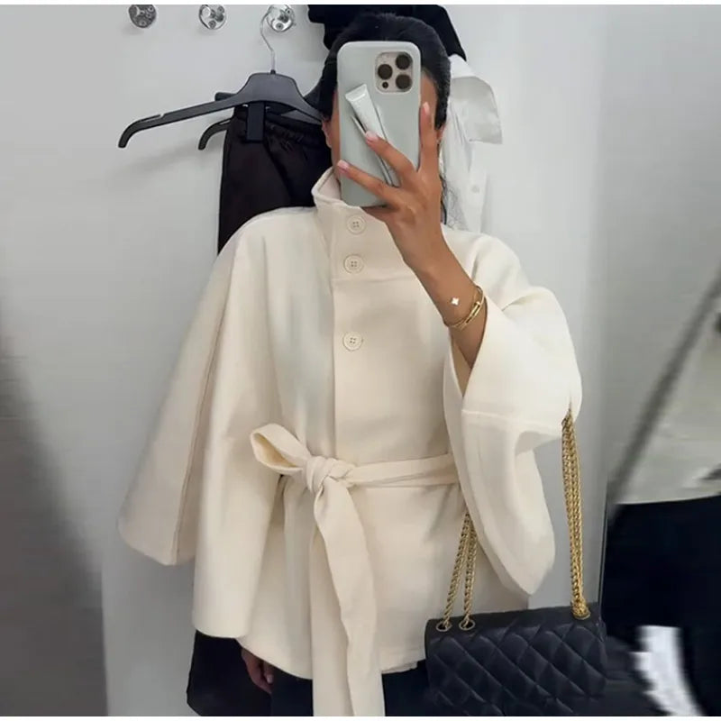 Damenmantel, kurze Cape-Mäntel für Damen, Gürtel, Mäntel aus Kunstwolle und Mischungen, Herbst-Winter, feste Mäntel, elegante Umhangjacke für Damen.