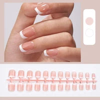 24pcs(+Tools) Pearl Bow Nude Pink Press On Nails White French Fingertips Almond Full Cover Fasle Nails New Year Nail Accessories