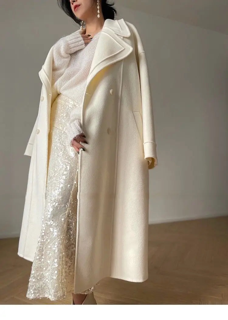 Weißer Mantel im französischen Stil, High-End-Temperament, Herbst-Winter, langer Wollmantel, 2025, neuer Damen-Wollmantel, modische lose Oberbekleidung