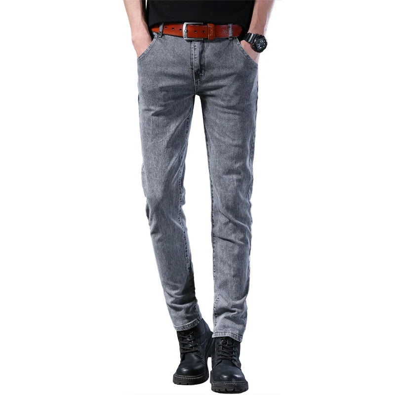 New style jeans, men's slim fit, Korean style comfortable straight leg elastic gray mid waist pants, men's casual denim pants.