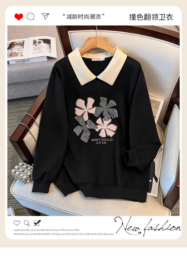 170 kg Plus Size Damen-Büste 170 Frühling Herbst Loose Diamond Collared Sweatshirt Schwarz 4XL 5XL 6XL 7XL 8XL 9XL.