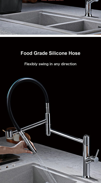 Modern Chrome Brass Pull Out Kitchen Faucet 2 Spray Modes Ceramic Valve Hot/Cold Water High Arc 360 Swivel Sink Mixer Tap