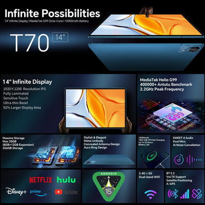 Teclast T70 14" Tablet Android 15 MTK G99 CPU Max 20GB (8GB+12GB Expansion) RAM 256GB ROM 4G LTE 10000mAh 18W Fast Charging GPS.