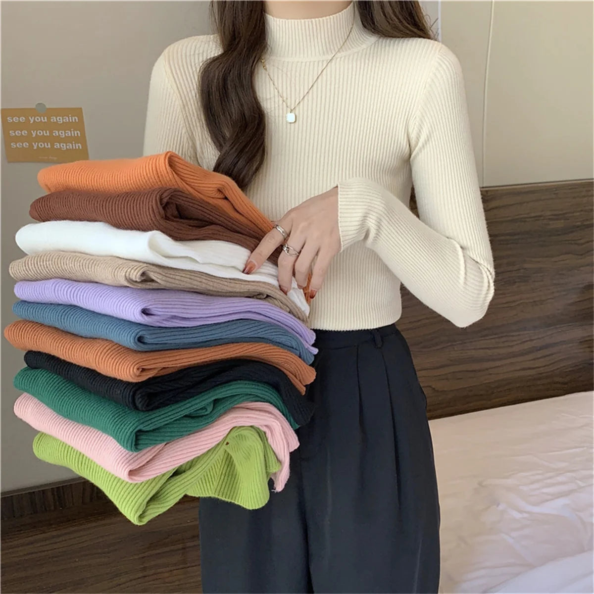 Mode Mock Neck Gestrickte Pullover Frauen Herbst Winter Neue Feste Vintage Grundlegende Tops Koreanische Dünne Rippen Pullover Casual Innere Top.