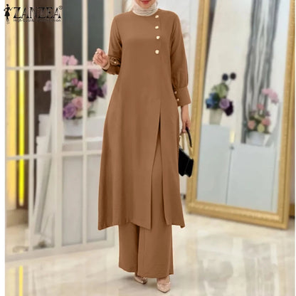 ZANZEA Muslim Abaya Suit Elegant Women Matching Sets Fashion Long Shirt Tops & Wide Leg Pants Ramadan Outfits Urban Tracksuits.