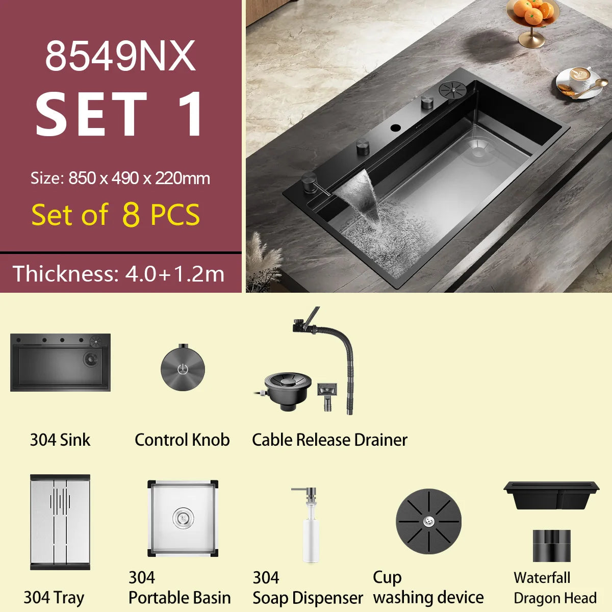 ASRAS large kitchen stainless steel nano sink with built-in waterfall faucet and large drainage outlet design