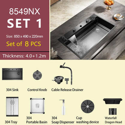 ASRAS large kitchen stainless steel nano sink with built-in waterfall faucet and large drainage outlet design