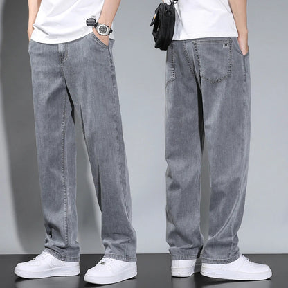 Summer Thin Men's Straight Loose Gray Jeans Soft Fabric Lyocell Fabric Light Colored Casual Pants Male Brand Trousers.