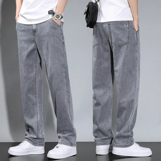 Summer Thin Men's Straight Loose Gray Jeans Soft Fabric Lyocell Fabric Light Colored Casual Pants Male Brand Trousers.