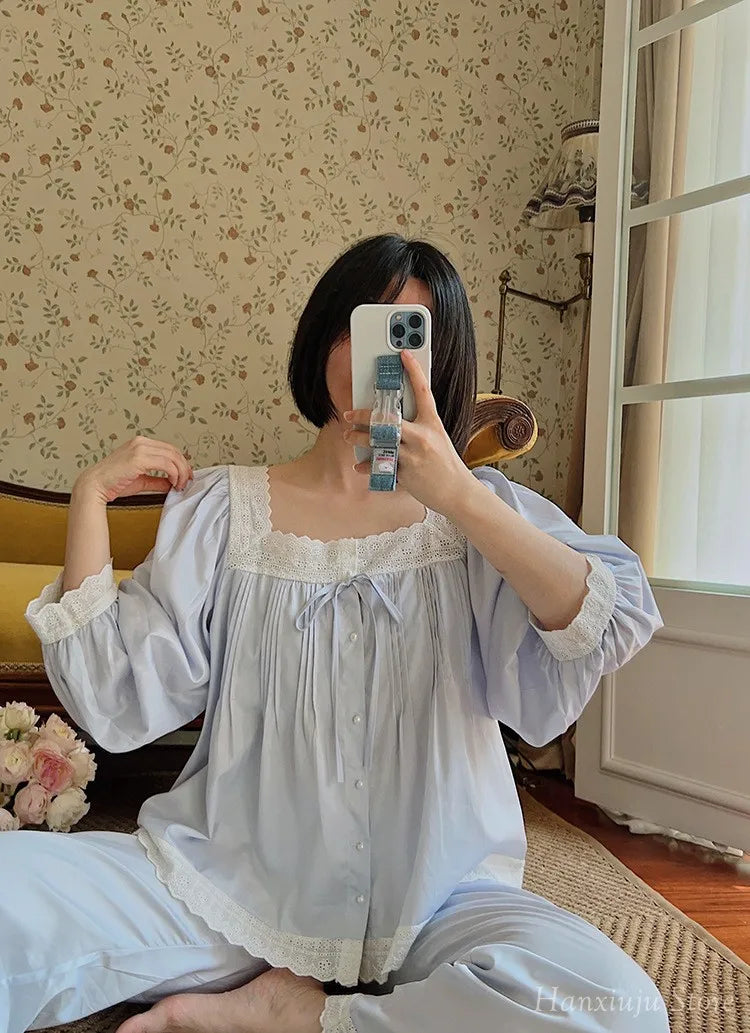 Sweet Spring Autumn Pure Cotton Women's Long Sleeve Pajama Set Loose Female Sleepwear Suits Royal Pyjama Home Wear Plus Size.