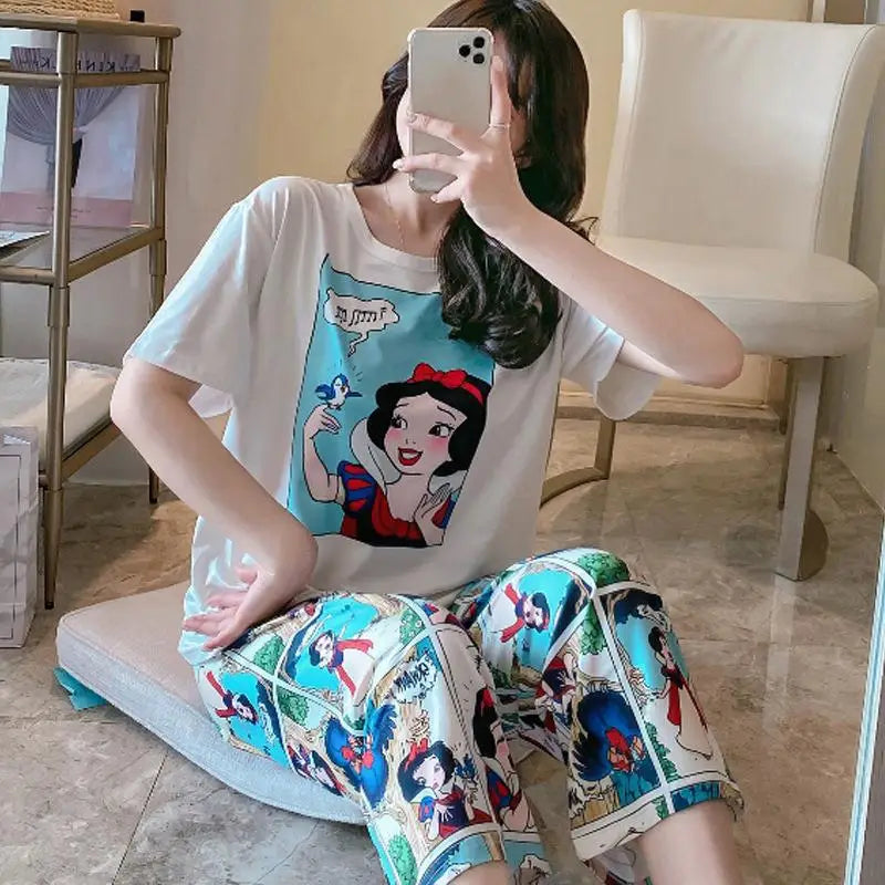 Sommer Pooh Bär Nachtwäsche frauen Lose Bequeme Cartoon Print Hause Kleidung Set Kurzarm Nachthemd Mickey Pyjama Set