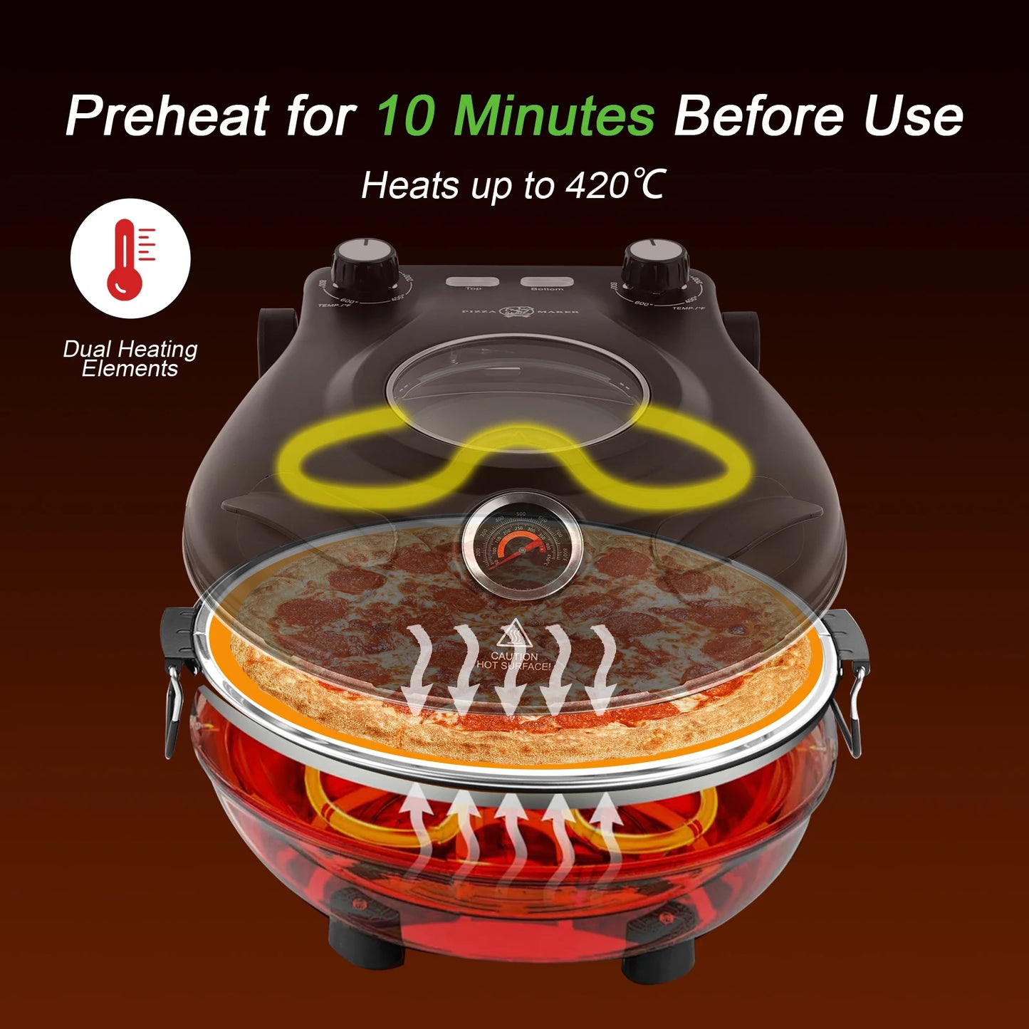 YIBAKE 12-Zoll-Elektro-Pizzaofen für den Innenbereich, antihaftbeschichtet, Keramikstein, erhitzt bis zu 420 ℃   für köstliches gebackenes Pizzeria-Set