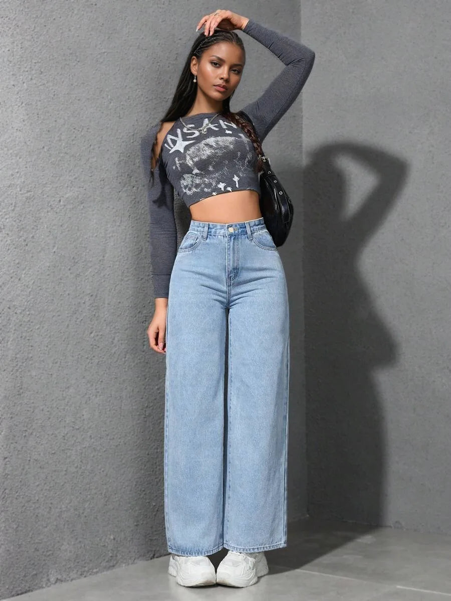 Retro Loose Wide Leg Jeans Fashion Women Solid Straight Wash High Elastic Waist Denim Pants Casual Streetwear Pocket Trousers.
