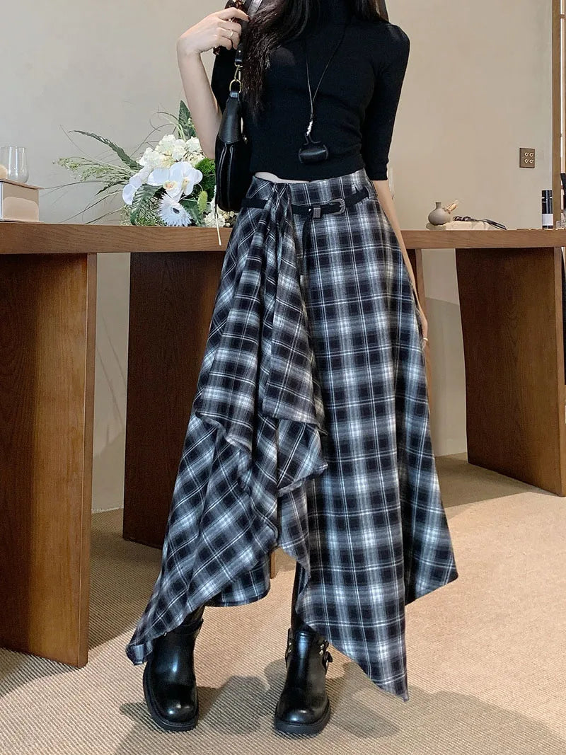 Qiukichonson Long Skirts Women Woolen Skirt 2025 Goth Autumn Winter High Waist Ruffles Asymmetrical Plaid Skirt Maxi With Belt.