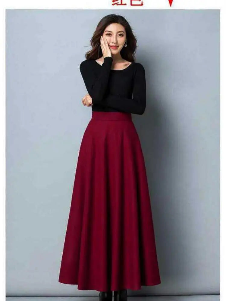 Autumn Winter Black Gray Large Size Woolen Long Skirt Women Fashion Korean Ladies Red High Waist Festival Pleated A-line Skirts.