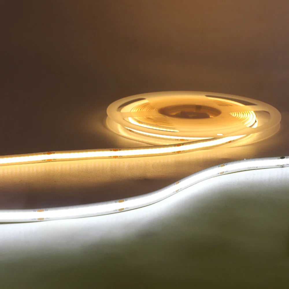 5 V USB-COB-LED-Streifen mit 2-poligem DC-Stecker, 3000 K, 4000 K, 6000 K, 320 LEDs, flexibles Band, lineare Beleuchtung mit hoher Dichte.