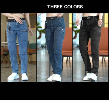 Men Cargo Pants Slim Stretch Jeans Multi Pocket Fashion Streetwear Designer Skinny Male Denim Trousers Brand Clothes Blue Black.