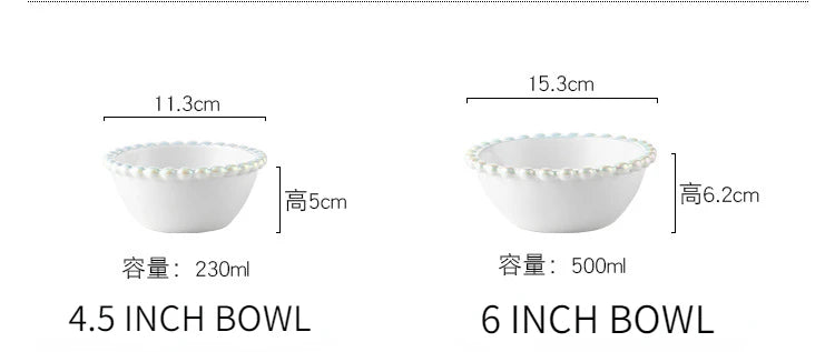 Ceramic Tableware Set Nordic Creative Pearls Beaded Edge Western Food Snack Plate Rice Bowl Soup Bowl Steak Plate Set Kitchen.