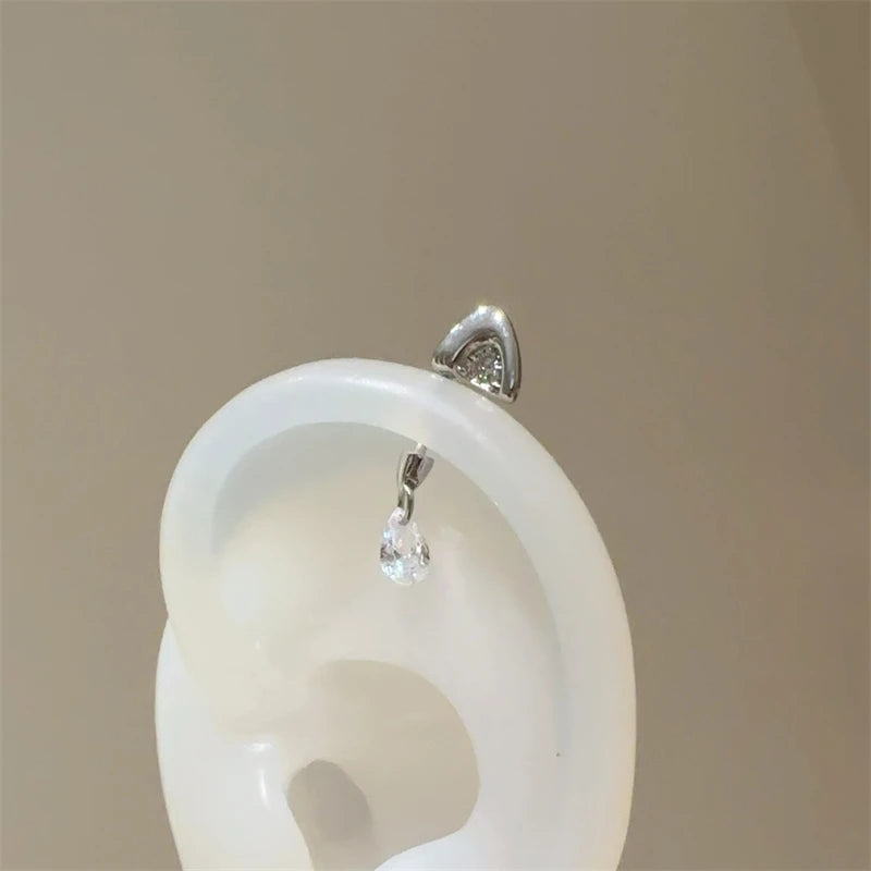 Silver Color Cat's Ear Droplet Shaped Zircon Stainless Steel Ear Bone Nail Earring for Women New Trendy Body Piercing Accessorie