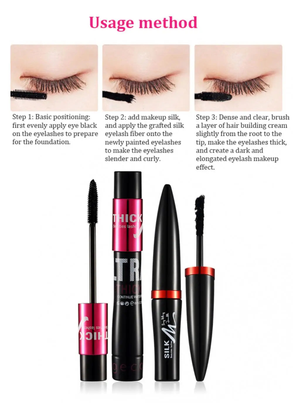 Fiber Silk Mascara Set Double Tube Natural Waterproof Dense Long Lasting No Halo Dye Mascara Beauty Makeup Extension Cream.