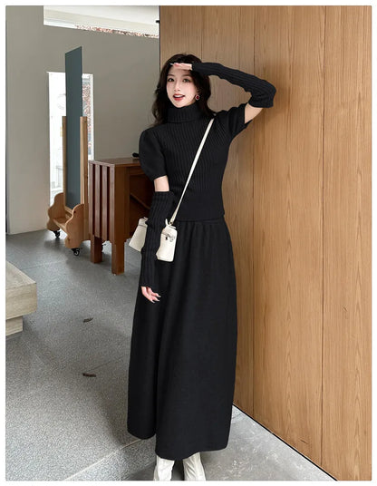 VigoAnne Spring Autumn 2025 Turtleneck Knit Woman 2 Piece Set Casual Solid High Waist Skirts Suits Korean Lady Long Dress Suit