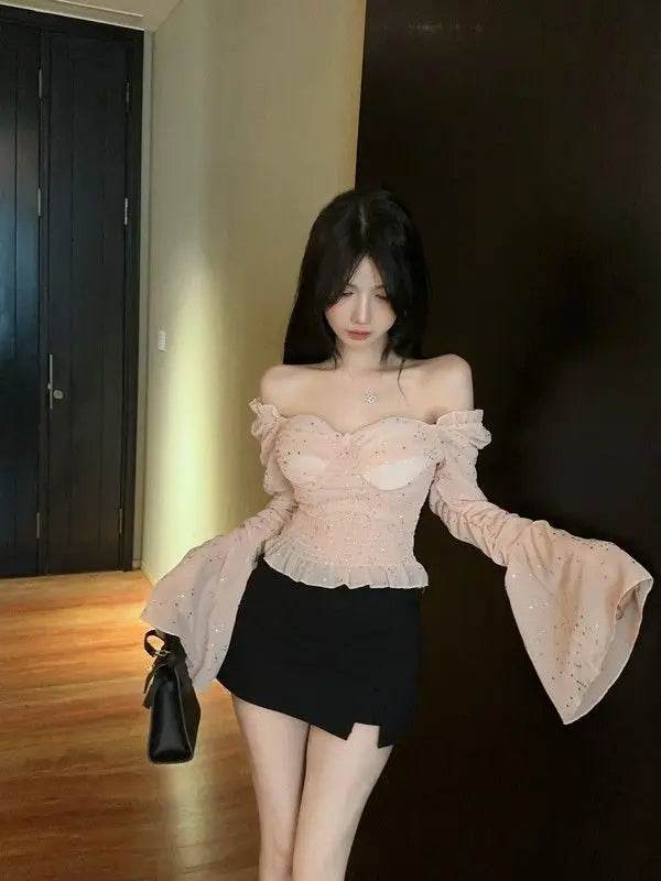 New Women's One Shoulder Flared Sleeve Top Pink Sweet and Spicy Top Niche and Unique Shirt.