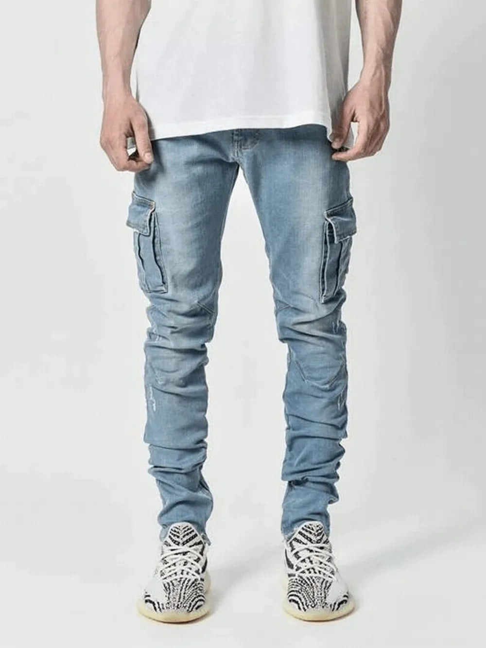 Street Elastic Jeans Men Denim Cargo Pants Wash Solid Color Multi Pockets Casual Mid Waist Trousers Slim Fit Daily Wear Joggers.