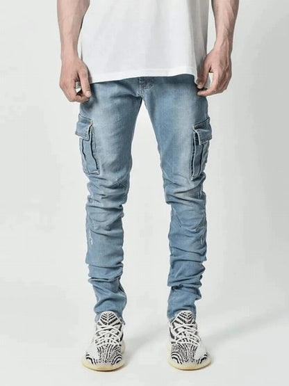 Street Elastic Jeans Men Denim Cargo Pants Wash Solid Color Multi Pockets Casual Mid Waist Trousers Slim Fit Daily Wear Joggers.