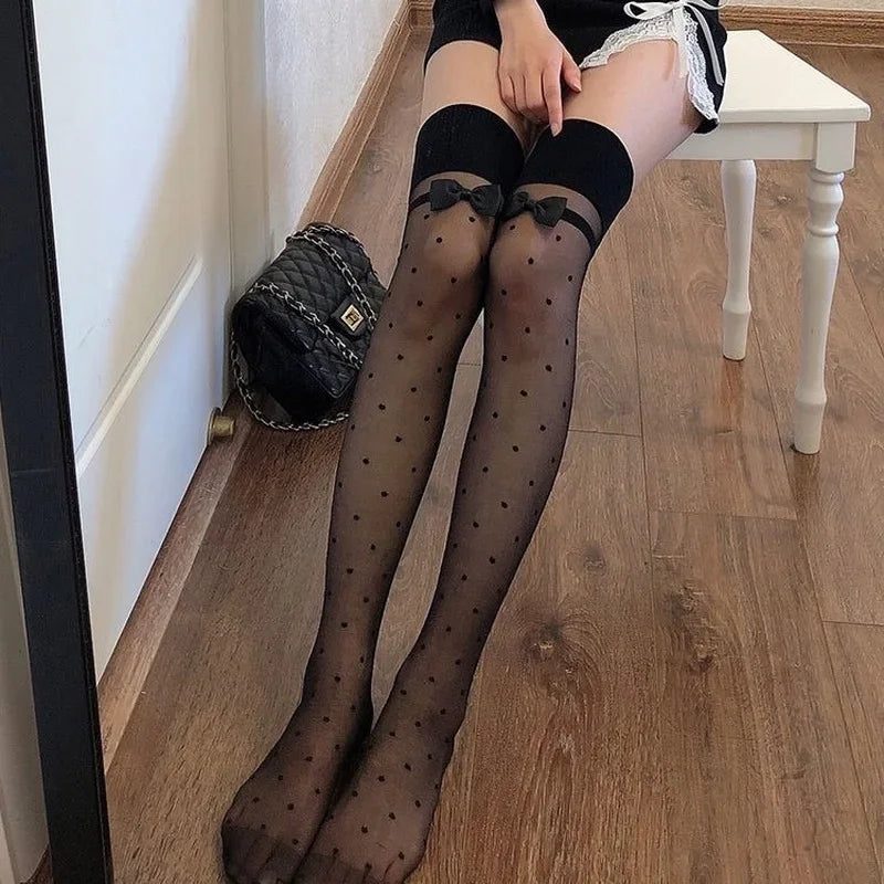 Japanese Style Thigh High Stockings Long Socks Women Cute Sweet Girls Lolita Bow Over Knee Socks Polka Dot Summer Nylon Stocking.